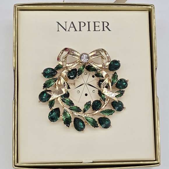 Napier Jewelry - Napier Gold and Green Wreath Brooch New With Gift Box